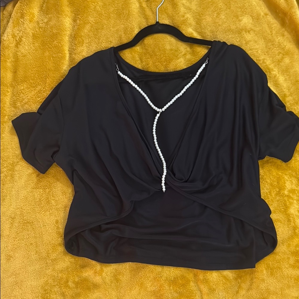 SHEIN Black and White Cuffed Sleeve Crop T-Shirt